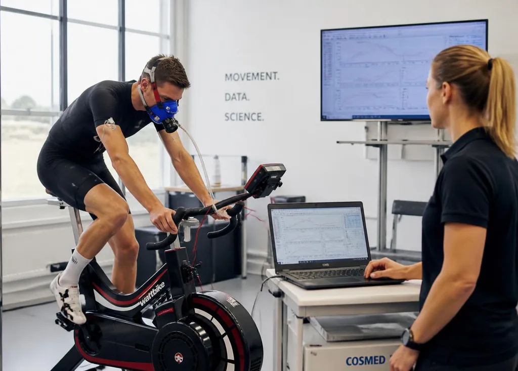 Inspanningstest bij Process: sporter fietst op een ergometer terwijl de coach de resultaten opvolgt